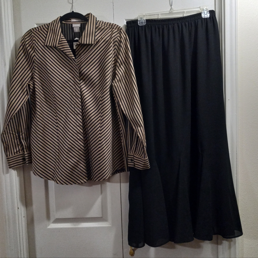 Chico's Black/Tan Striped Skirt: sz: 8-10 & Black Skirt: sz: 16S Set
